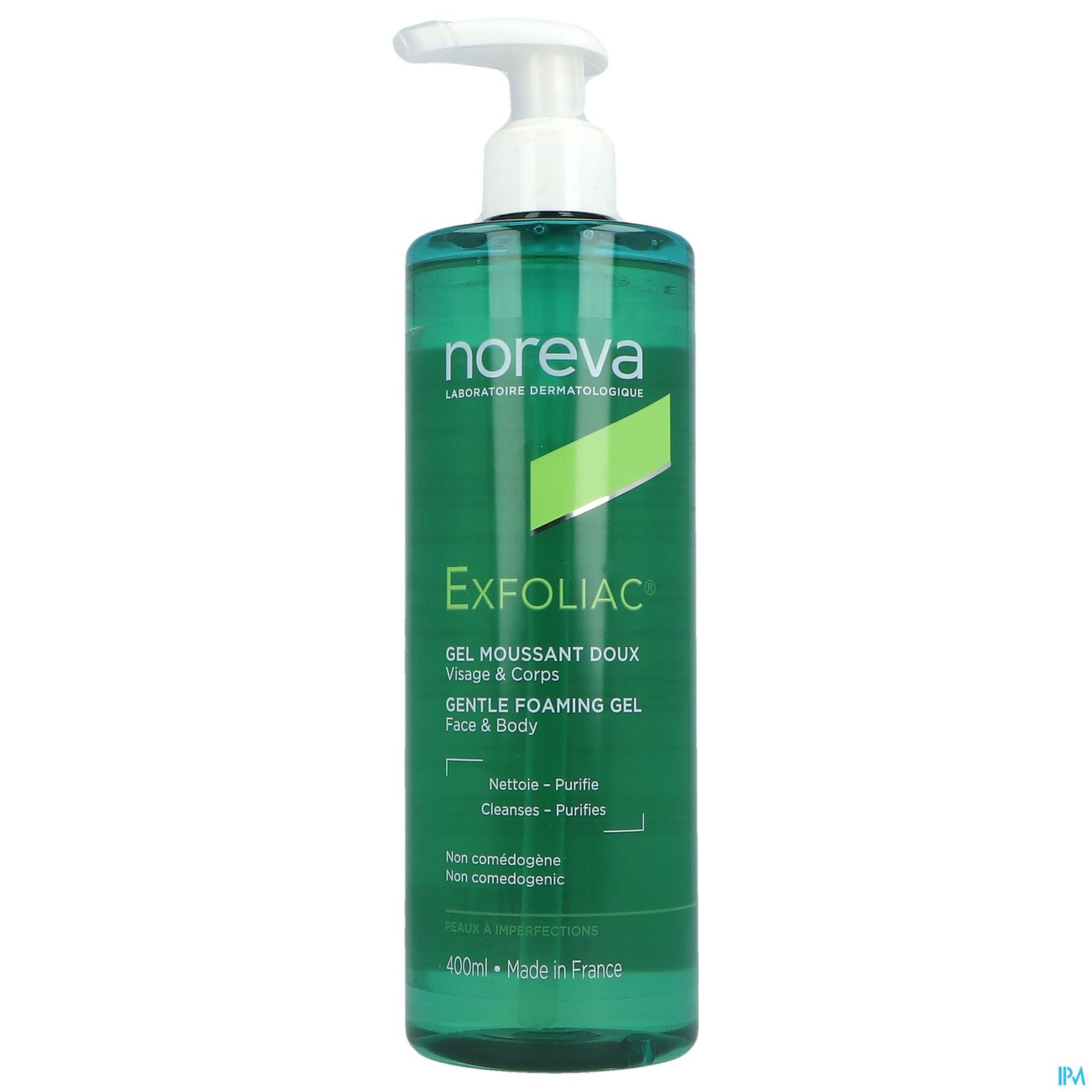 Flasche mit sanftem Schaumgel von Noreva, Exfoliac, zur Reinigung von Gesicht und Körper.