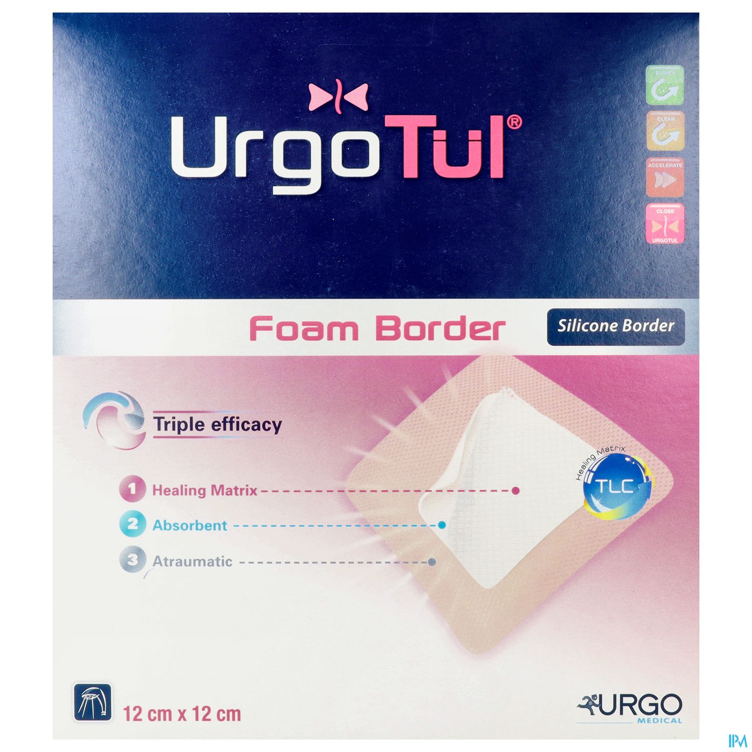 Packungsdesign von UrgoTul Foam Border, einem Wundverband mit den Eigenschaften Heilungsmatrix, absorbierend und atraumatisch, Größe 12 cm x 12 cm.
