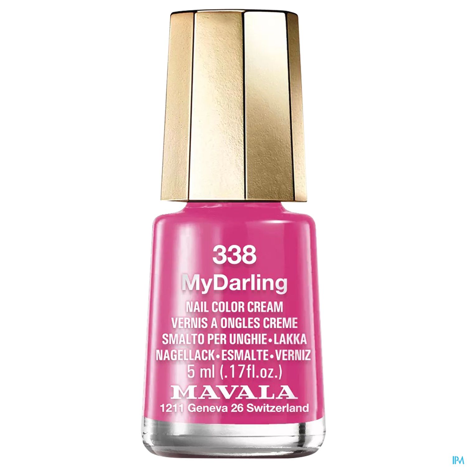Nagellack-Flasche in leuchtendem Pink mit goldener Verschlusskappe von Mavala, mit der Aufschrift "338 MyDarling".