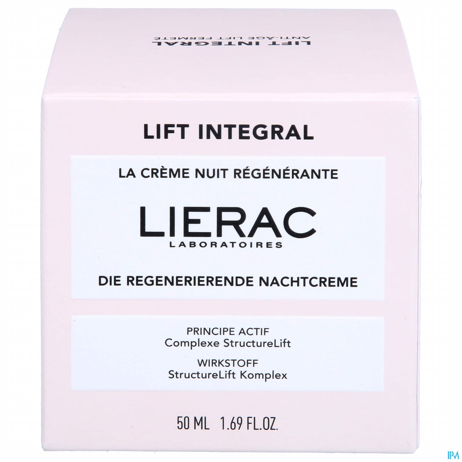 Regenerierende Nachtcreme von Lierac in einer rosa Verpackung mit Produktinformationen in Deutsch und Französisch.