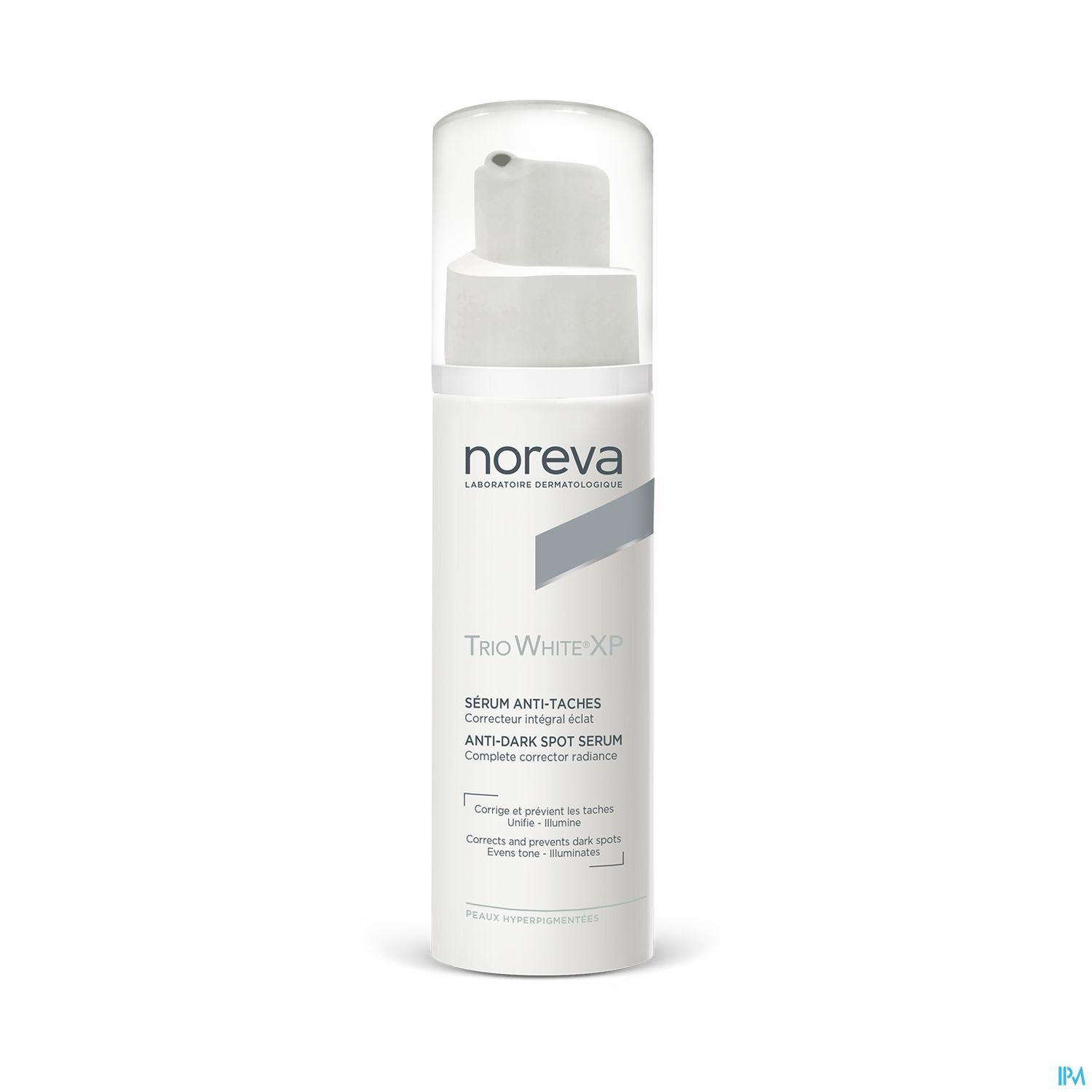 Flasche mit Noreva Trio White XP Anti-Dunkelstellen Serum auf weißem Hintergrund.