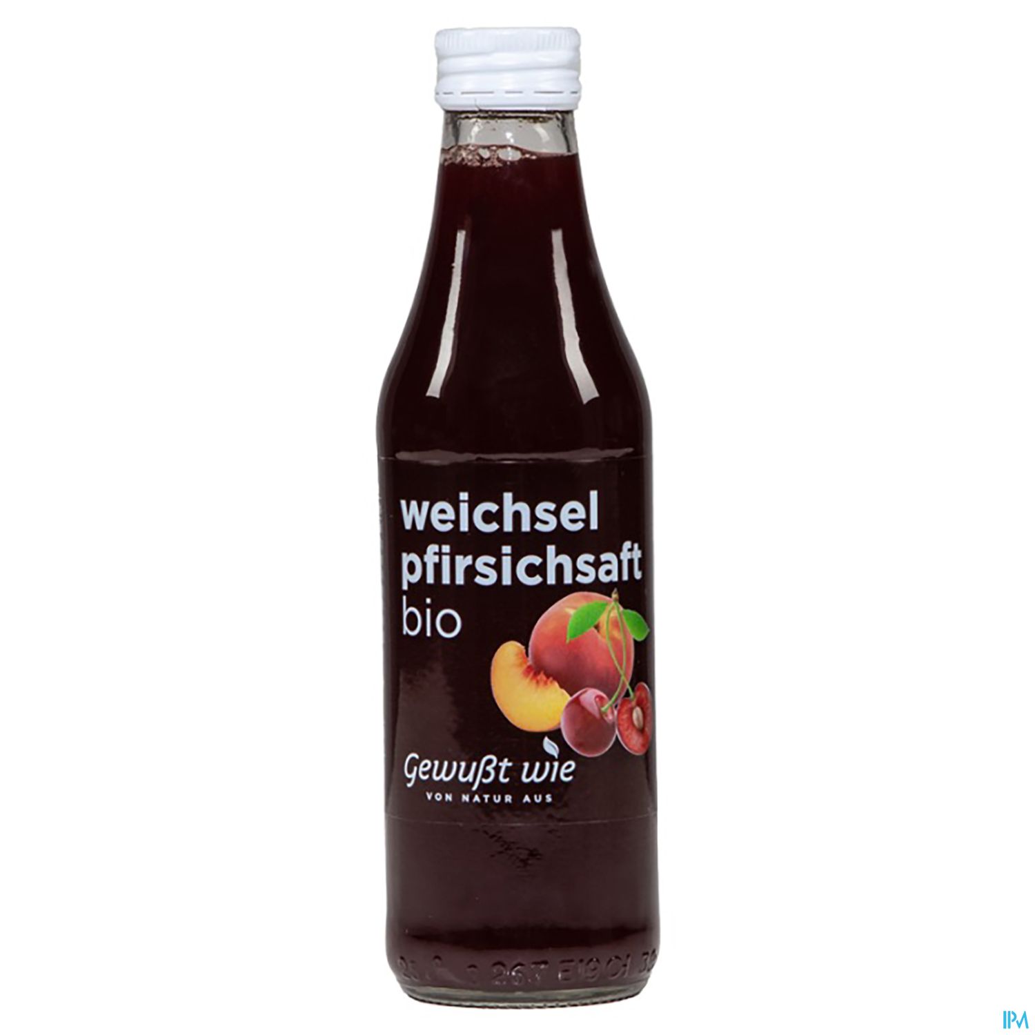 Flasche Bio-Weichsel-Pfirsichsaft mit Etikett.