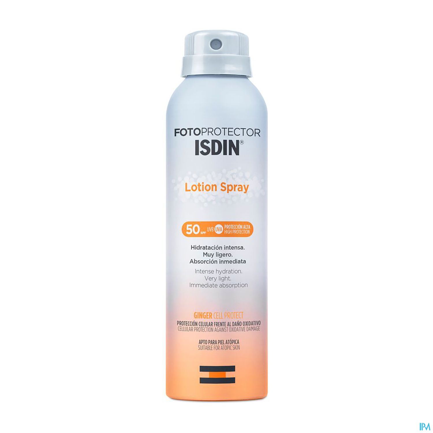 Sprühflasche mit Sonnenlotion von ISDIN, Lichtschutzfaktor 50, betont intensive Hydratation und sofortige Absorption.