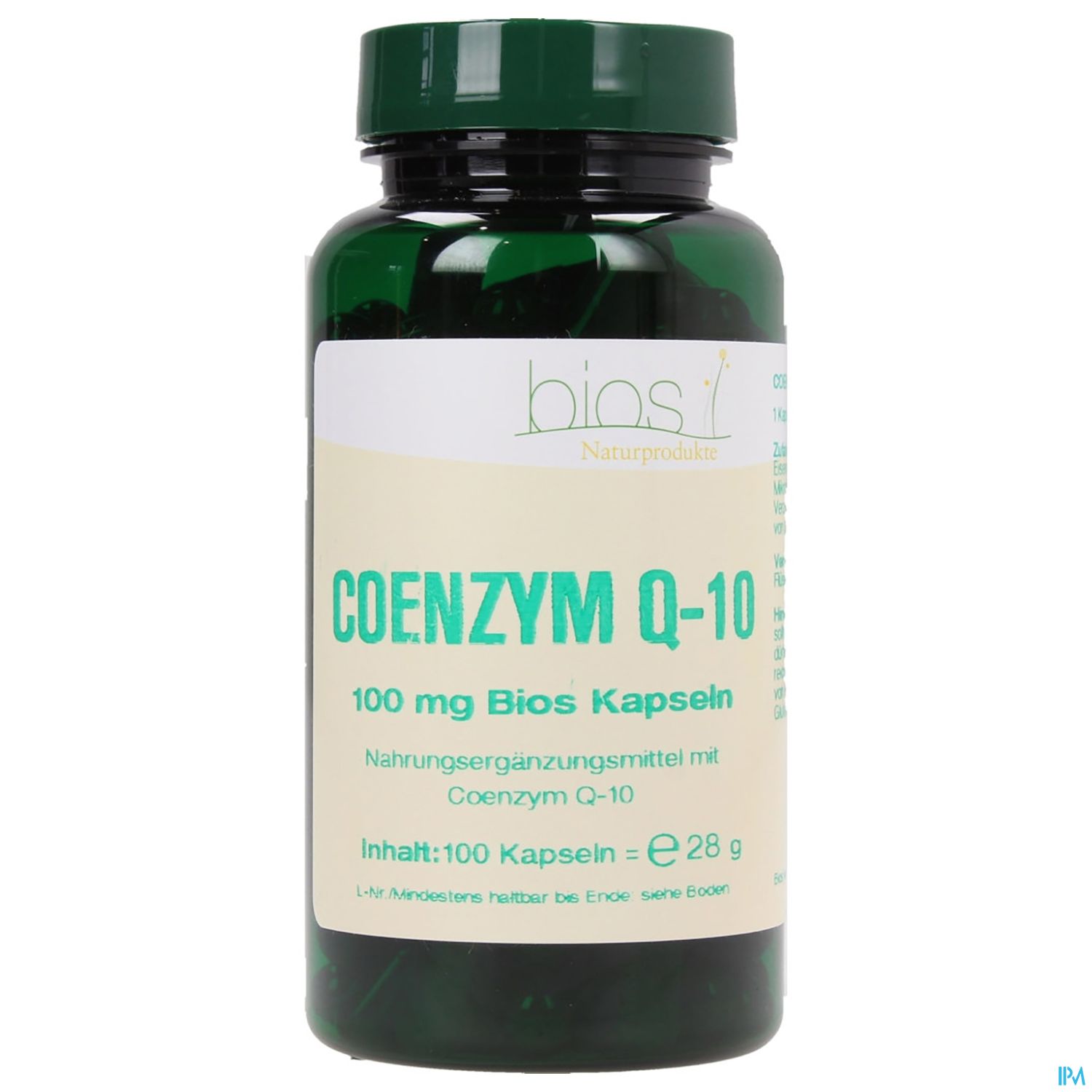 Grüne Verpackung mit Aufschrift "Coenzym Q-10", 100 mg, Nahrungsergänzungsmittel, 100 Kapseln, Inhalt: 28 g.