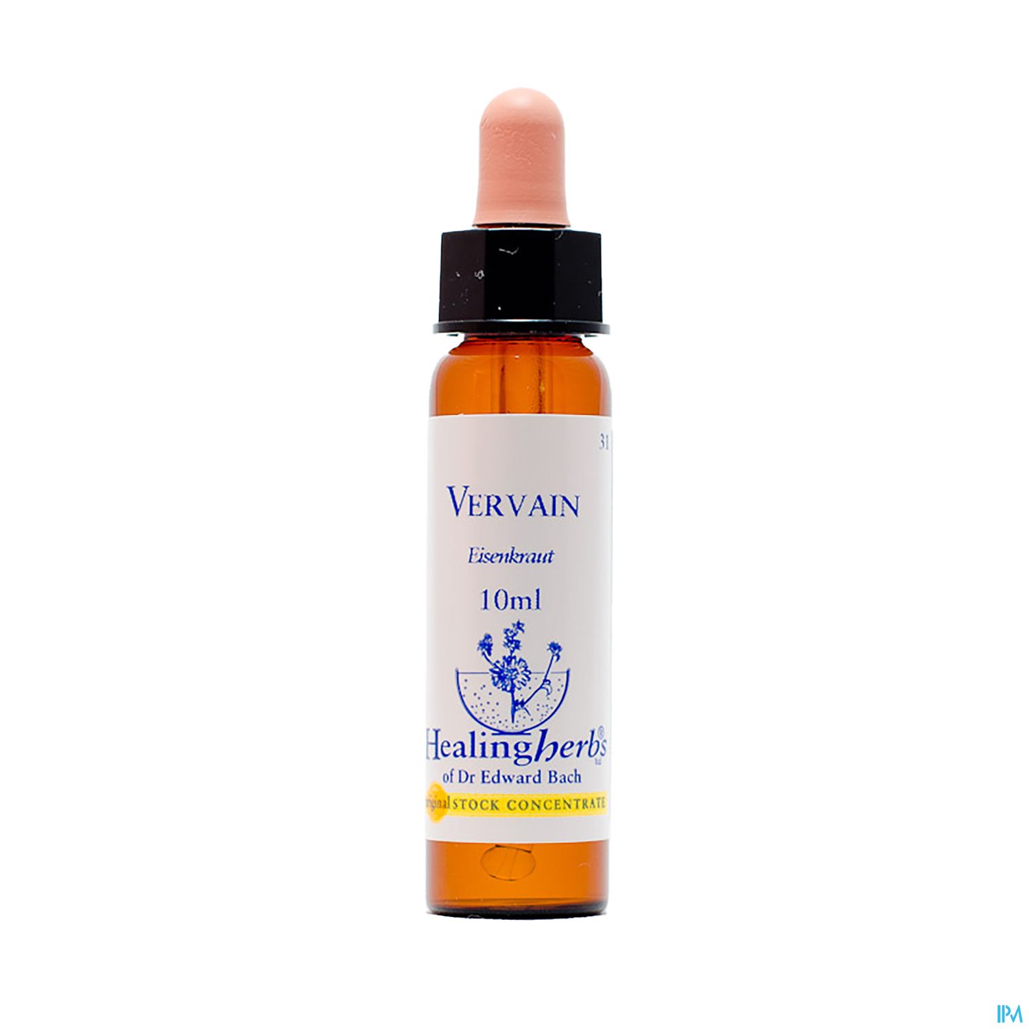 Eine Flasche mit der Aufschrift "Vervain Eisenkraut 10ml" von Healing Herbs, mit einer Pipette und einem braunen Glasdesign.