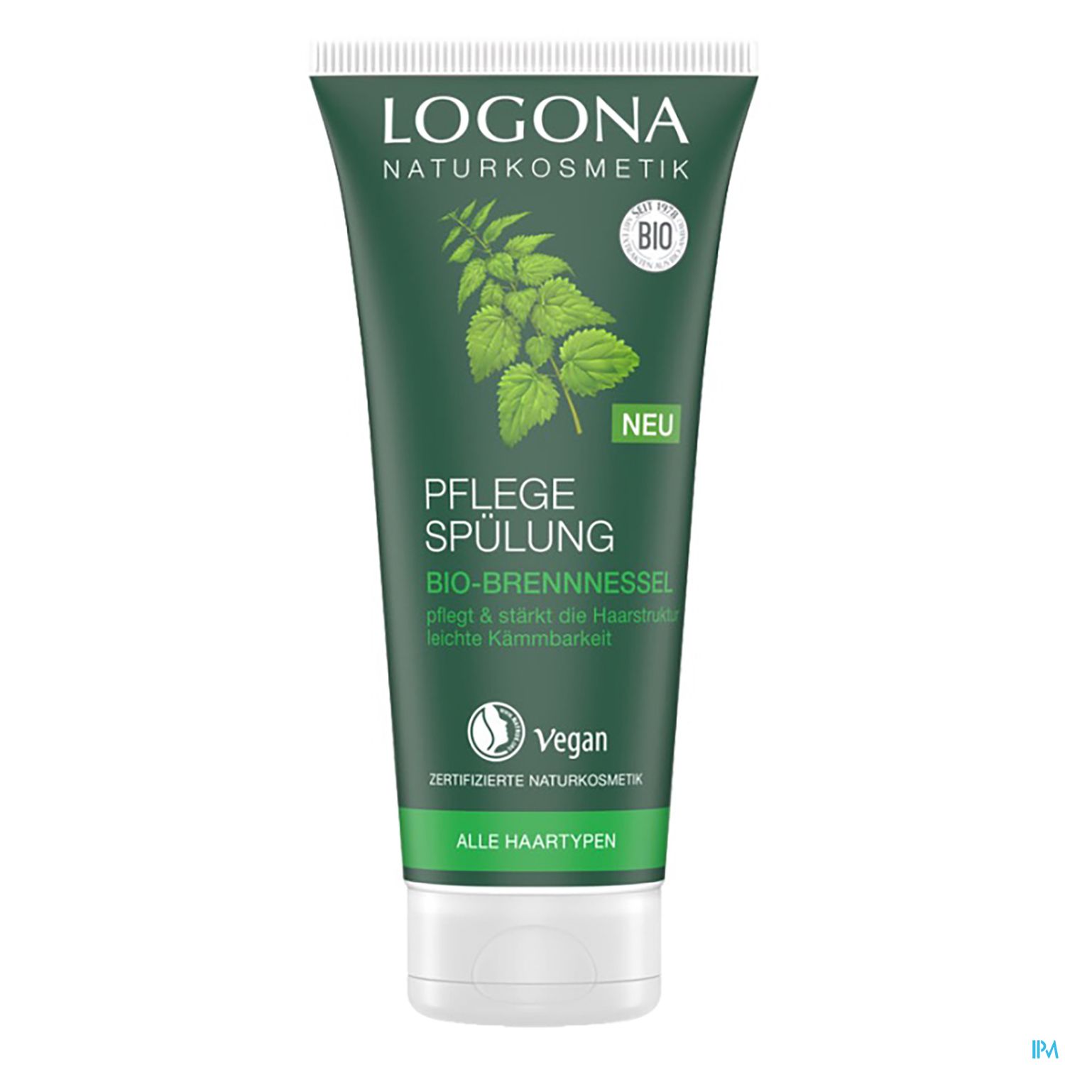 Grüne Tube mit der Aufschrift "LOGONA NATURKOSMETIK PFLEGE SPÜLUNG BIO-BRENNNESSEL", die Pflege und Stärkung der Haarstruktur verspricht, vegan und für alle Haartypen geeignet.