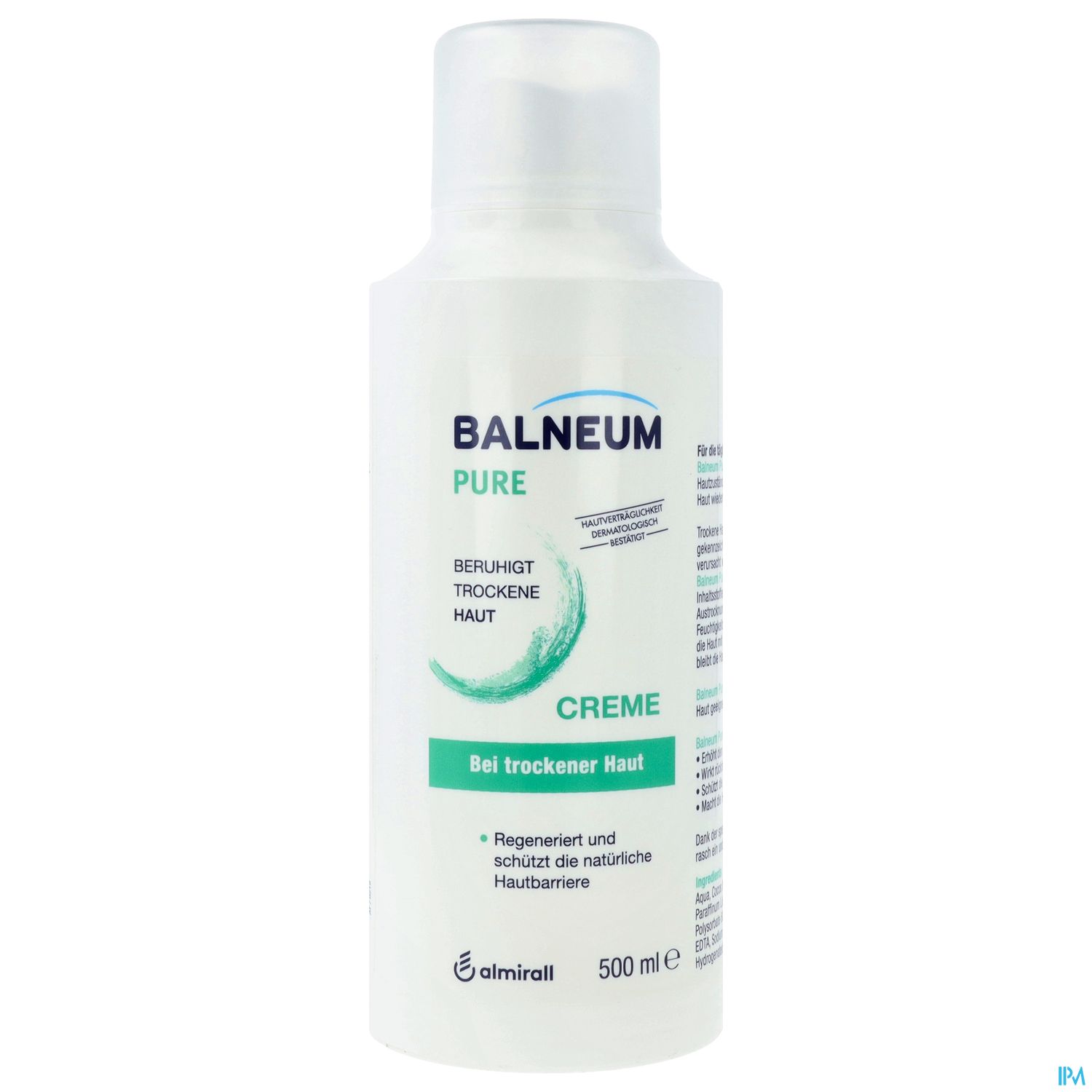 Flasche mit BALNEUM PURE Creme für trockene Haut, 500 ml.