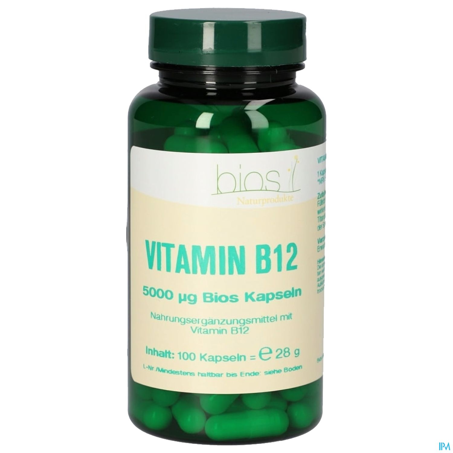 Grüne Kapsel-Flasche mit der Aufschrift "Vitamin B12 5000 µg Bios Kapseln", Inhalt: 100 Kapseln, Preis: € 28 g.