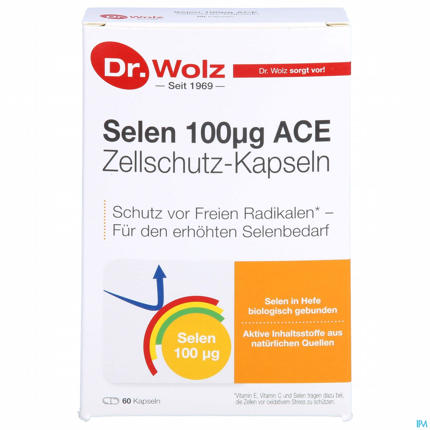 Verpackung von "Dr. Wolz Selen 100µg ACE Zellschutz-Kapseln", 60 Kapseln, mit Hinweisen zum Schutz vor freien Radikalen und erhöhtem Selenbedarf.