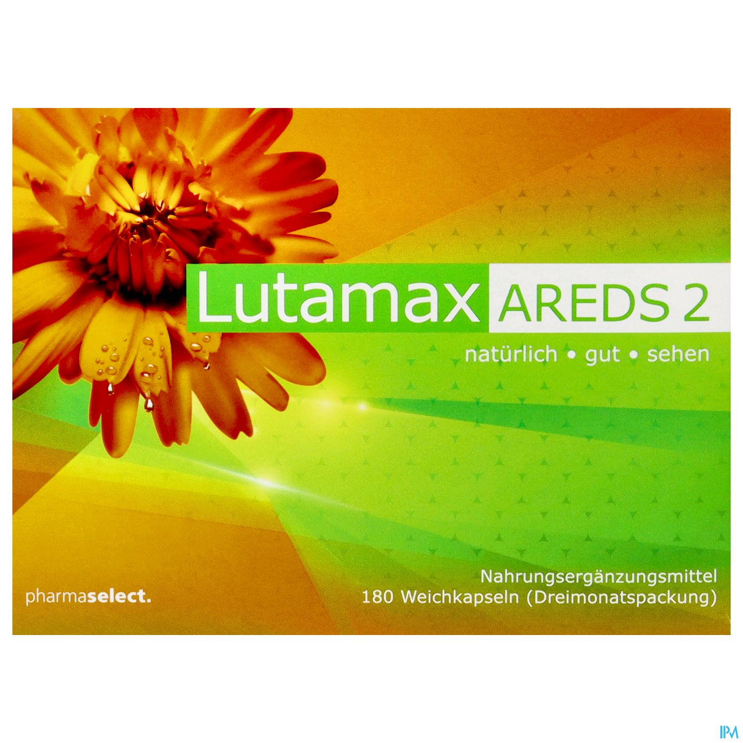 Verpackung von Lutamax AREDS 2, enthält 180 Weichkapseln, beworben als natürliches Nahrungsergänzungsmittel zur Unterstützung des Sehens.