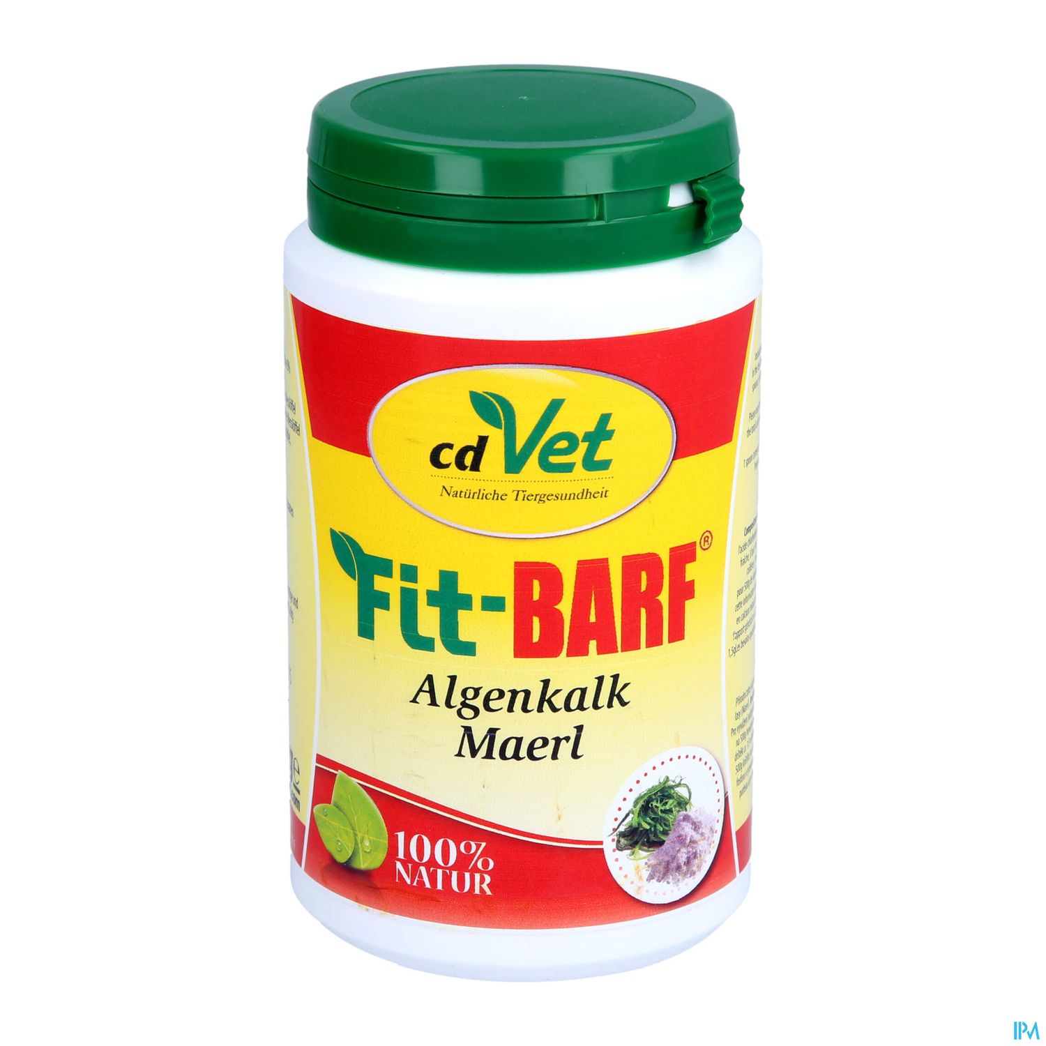 Weißer Kunststoffbehälter mit grünem Deckel und Etikett, beschriftet mit "Fit-BARF Algenkalk Maerl, 100% Natur".