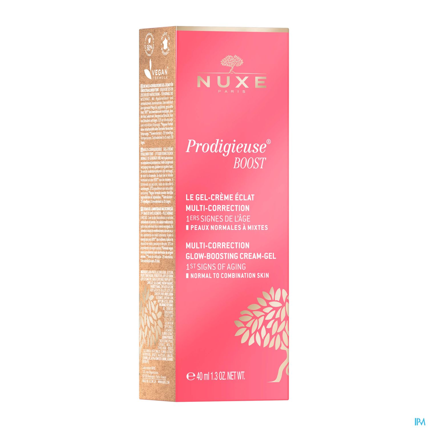 Packung des NUXE Prodigieuse Boost Gel-Crème Éclat, 40 ml, mit Informationen zu Multi-Korrektur und Anwendung für normale bis Mischhaut.