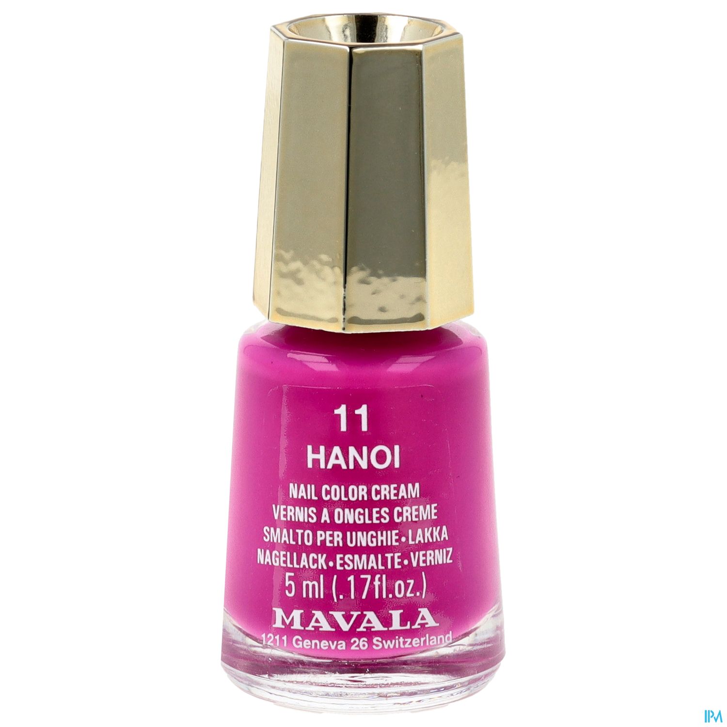 Nagellackflasche mit der Aufschrift "11 HANOI" und goldenem Deckel, gefüllt mit pinkem Nagellack.