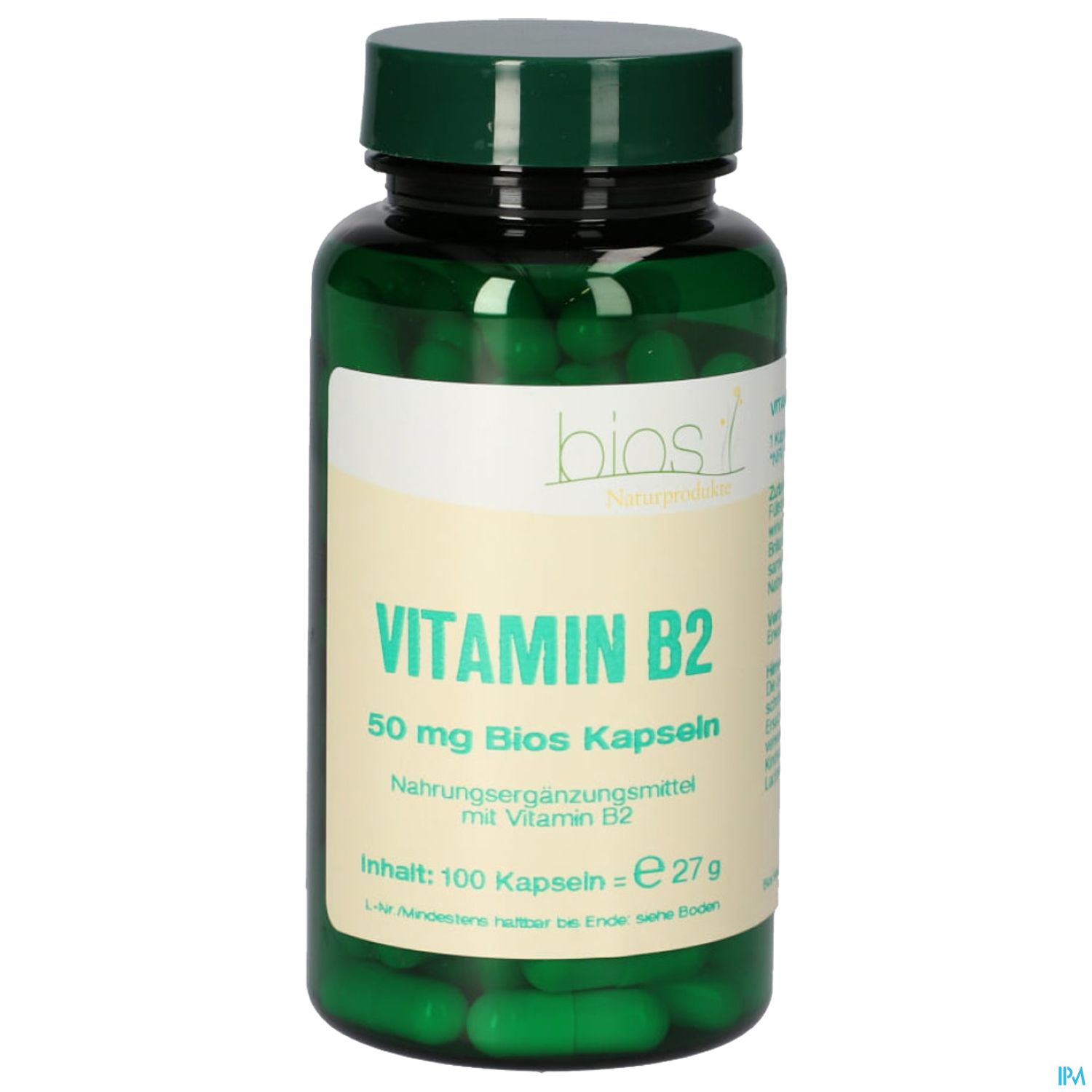 Grüne Flasche mit Nahrungsergänzungsmittel, beschriftet mit "Vitamin B2, 50 mg Bios Kapseln, Inhalt: 100 Kapseln, 27 g".