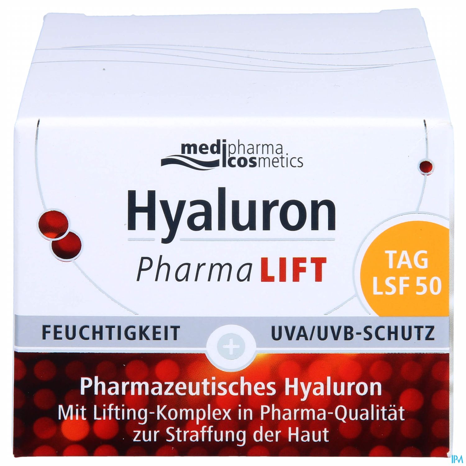 Weißer Karton mit der Aufschrift "Hyaluron PharmaLIFT TAG LSF 50", darunter Informationen zu Feuchtigkeit, UV-Schutz und einem Lifting-Komplex.