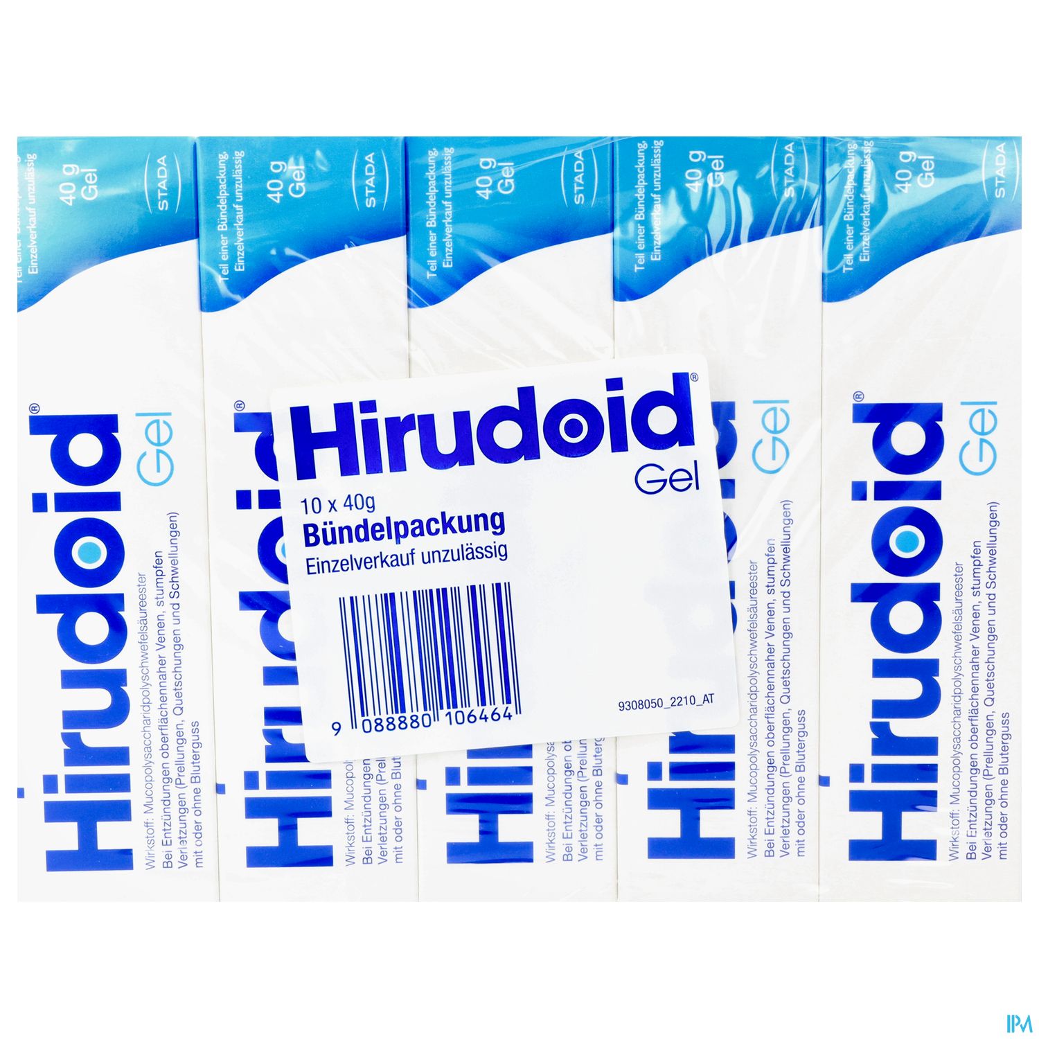 Verpackung mit mehreren Tuben Hirudoid Gel (10 x 40 g) in einer Bündelverpackung.