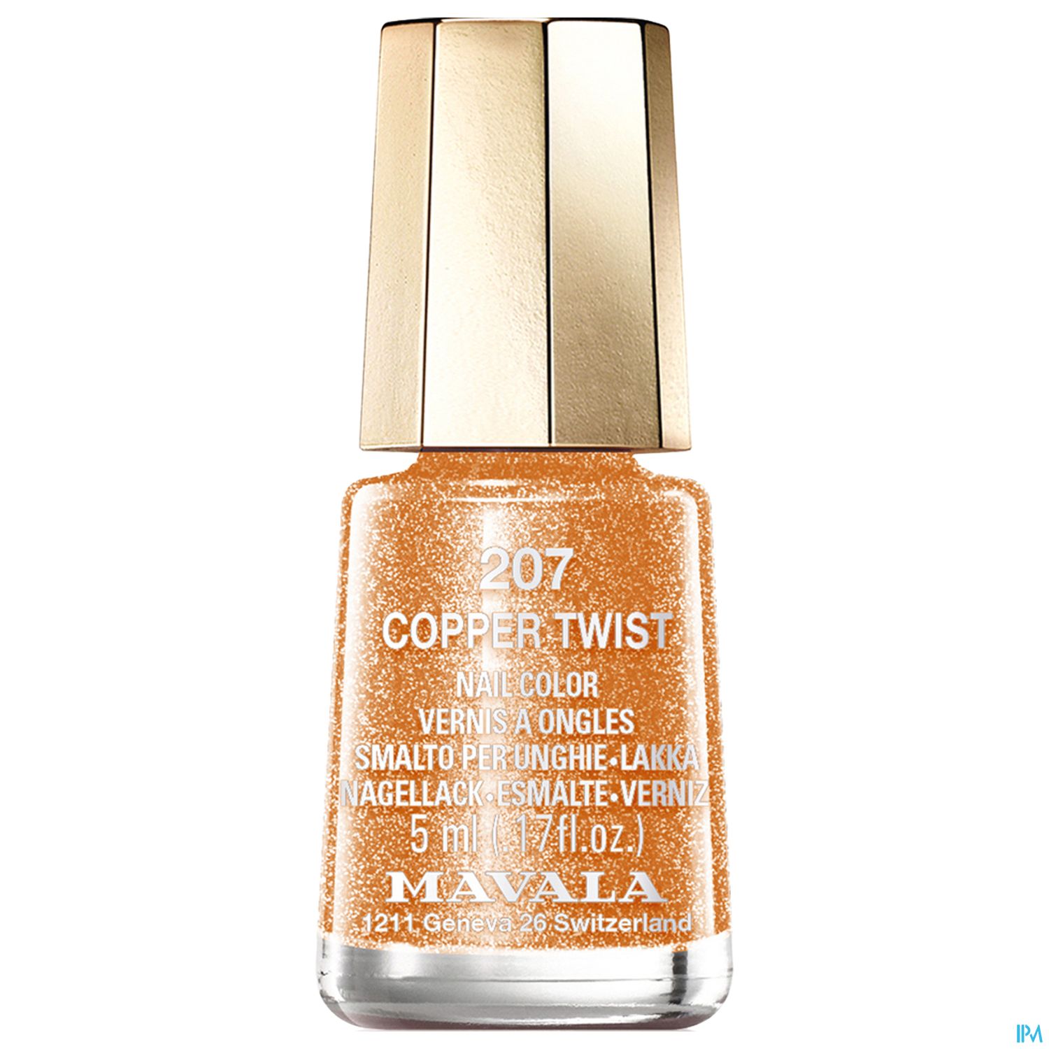 Nagellackflasche in der Farbe "Copper Twist" mit goldfarbenem Deckel, 5 ml.