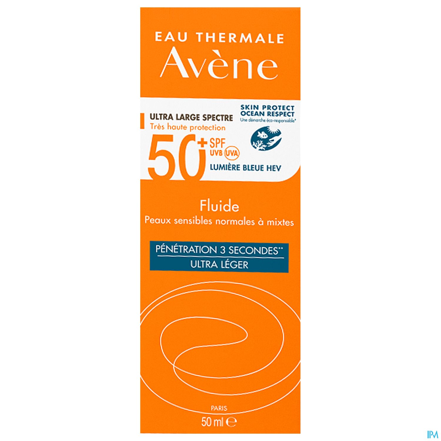 Produktverpackung von Avene Sonnencreme mit SPF 50, orangefarbener Hintergrund, weiße Schrift und einer Grafik, die den Anwendungsbereich zeigt.