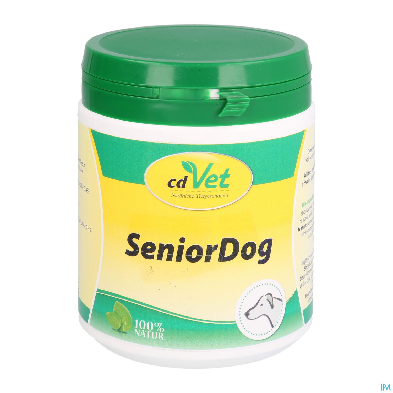 Dose mit grünem Deckel, beschriftet mit "SeniorDog" von cdVet, für natürliche Tierpflege.