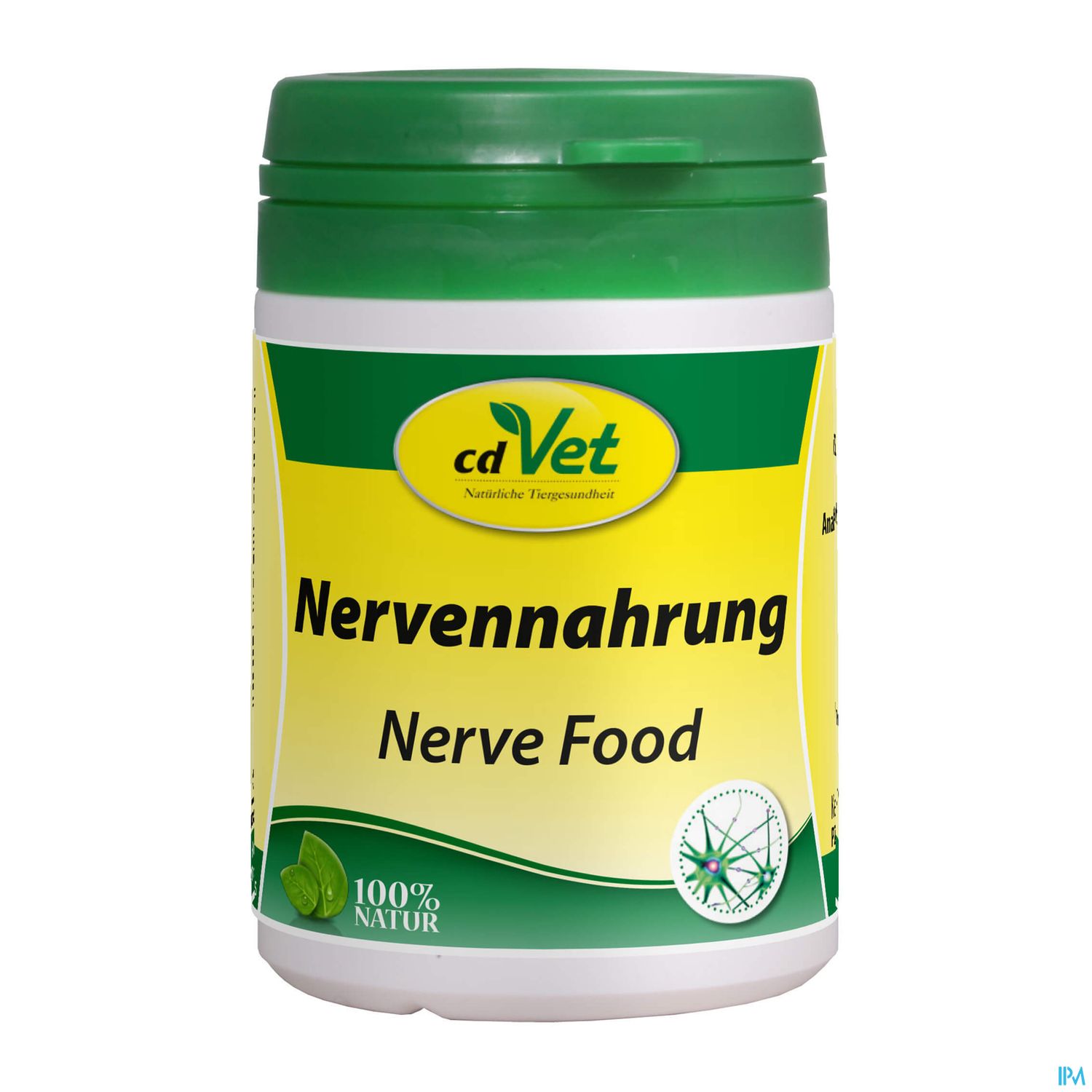 Nahrungsergänzungsmittel mit der Aufschrift "Nervennahrung" und "Nerve Food" in einer gelben Verpackung.