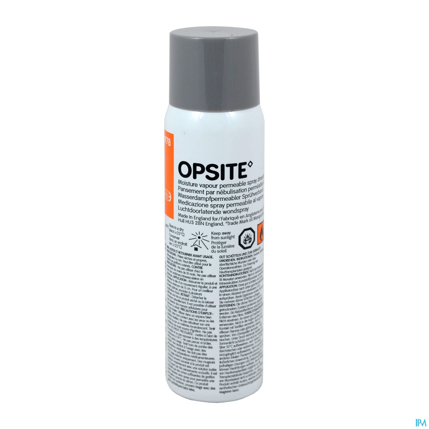 Spraydose mit Opsite, einem feuchtigkeitsdurchlässigen, wasserdichten Wundverband, auf weißem Hintergrund.
