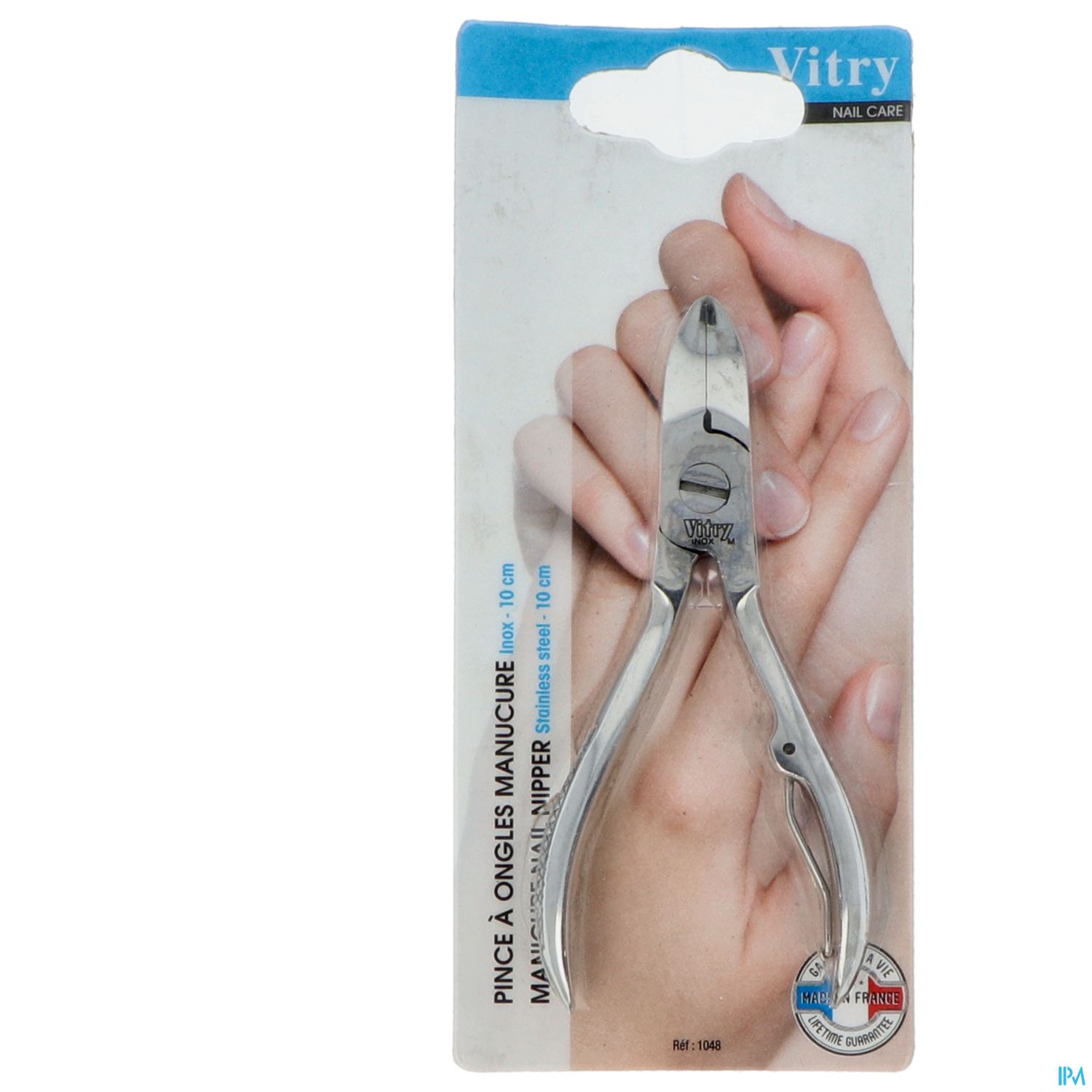 Nagelknipser auf einer Verpackung mit Handabbildung.