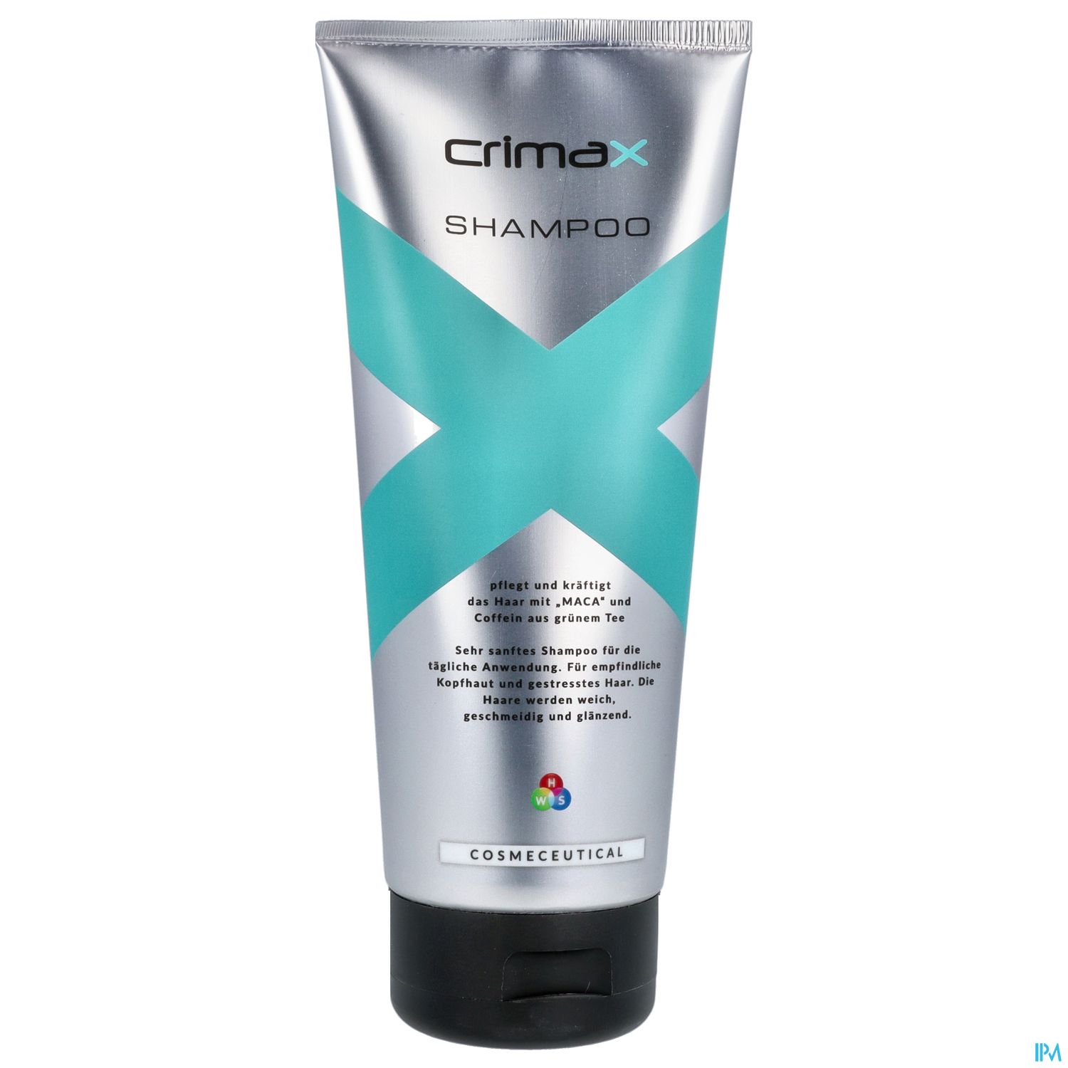 Schwarze Shampoo-Tube mit silberner und türkisfarbener Verpackung, beschriftet mit "crimax SHAMPOO" und einer stilisierten blauen X-Form.