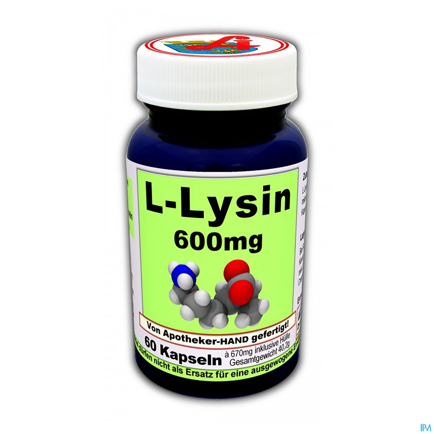 Ein blauer Behälter mit einer Etikette, die "L-Lysin 600mg" und Informationen über die Inhaltsstoffe und Dosierung enthält.