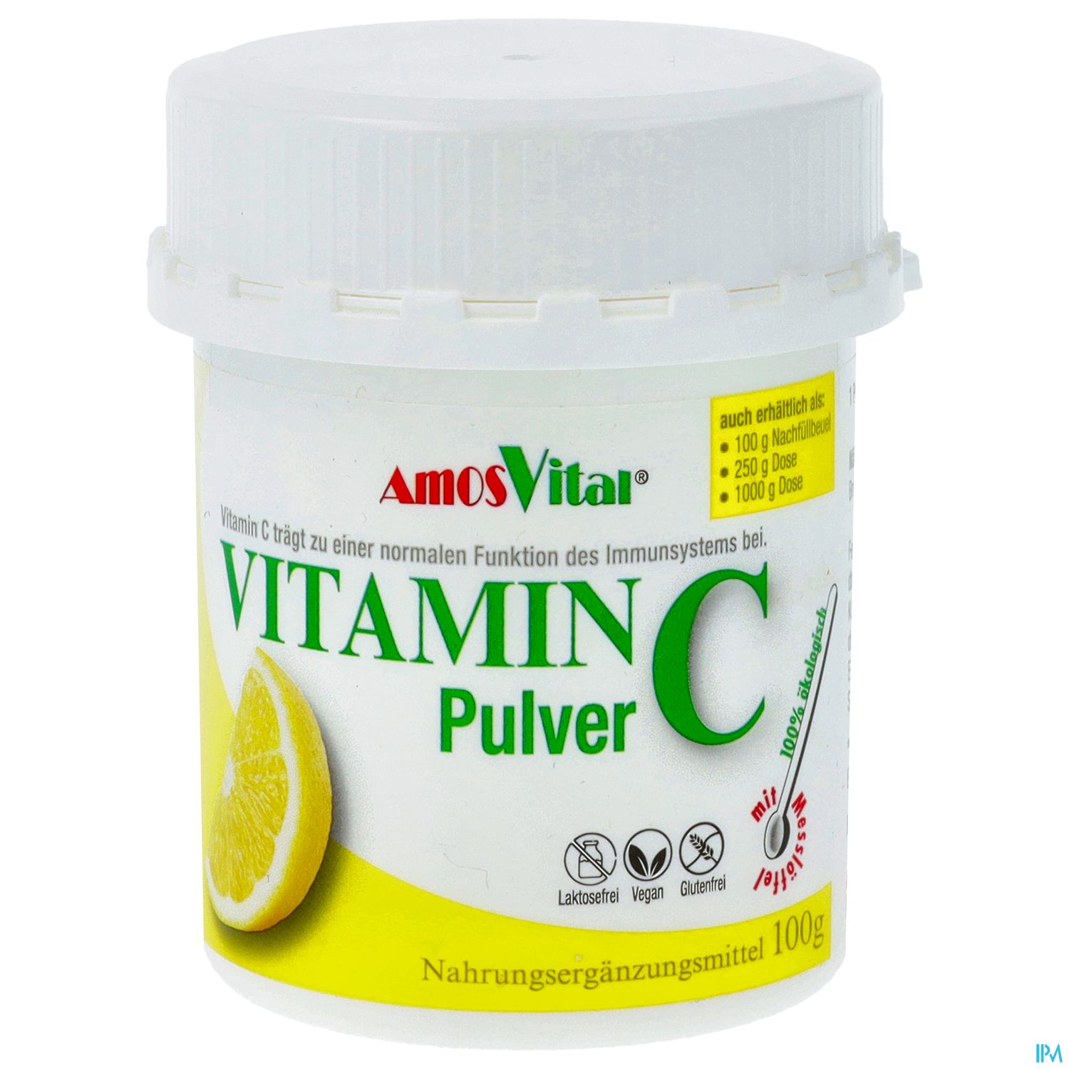 Weißer Behälter mit Vitamin C Pulver, 100 g, mit einem gelben Zitronensymbol und Angaben zu Inhaltsstoffen.
