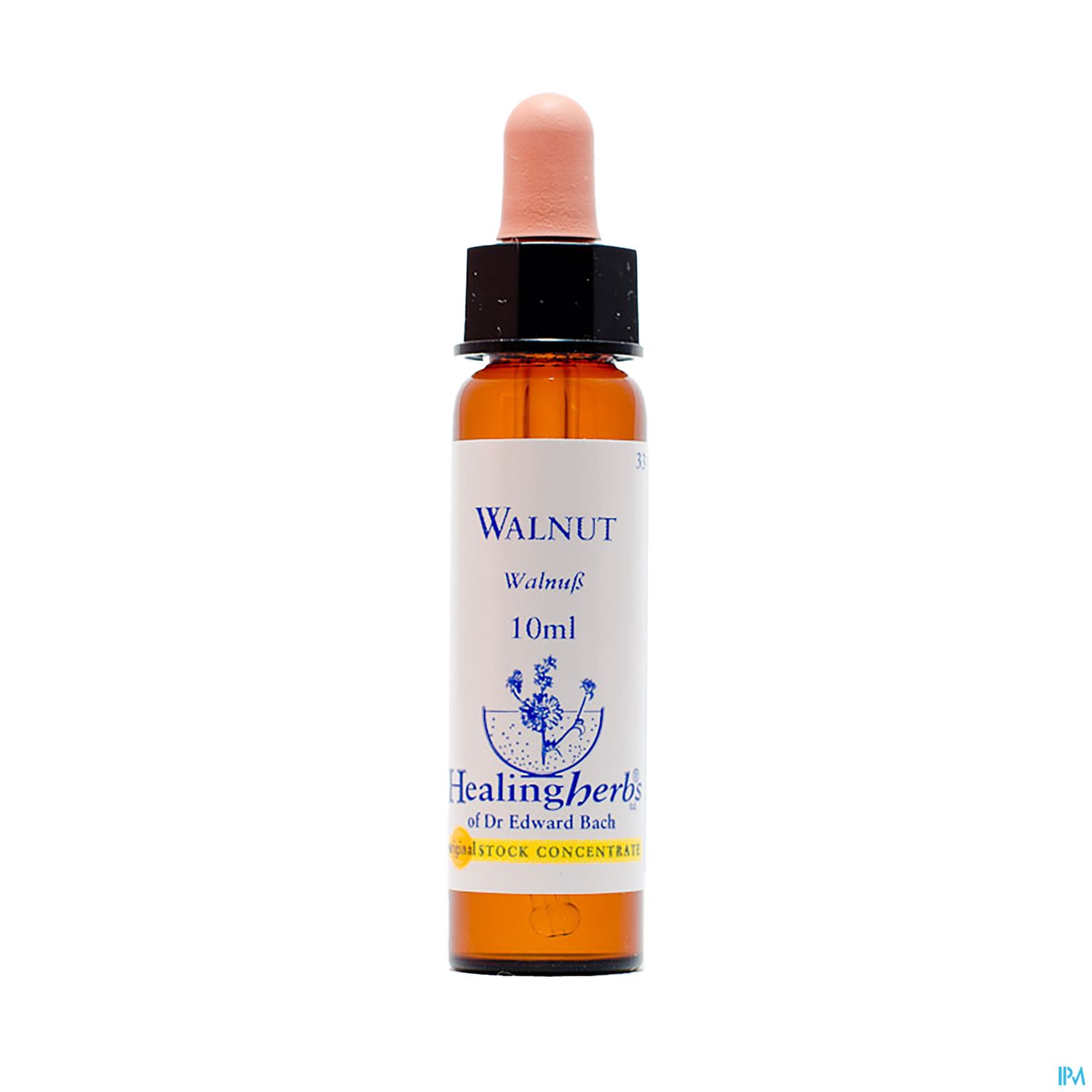 Flasche mit Bachblüten-Extrakt "Walnuss" (10 ml), orangefarbene Tropfenpipette, Etikett mit Produktinformationen.