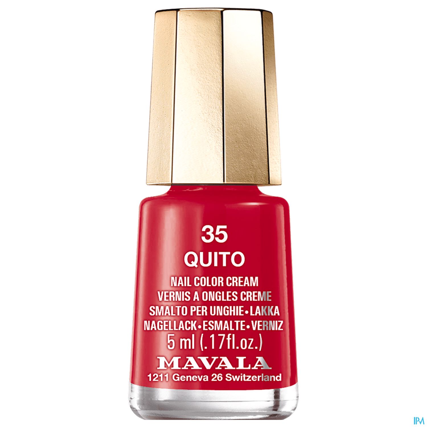 Nagellackflasche mit roter Farbe, Marke Mavala, Bezeichnung "35 Quito", 5 ml.