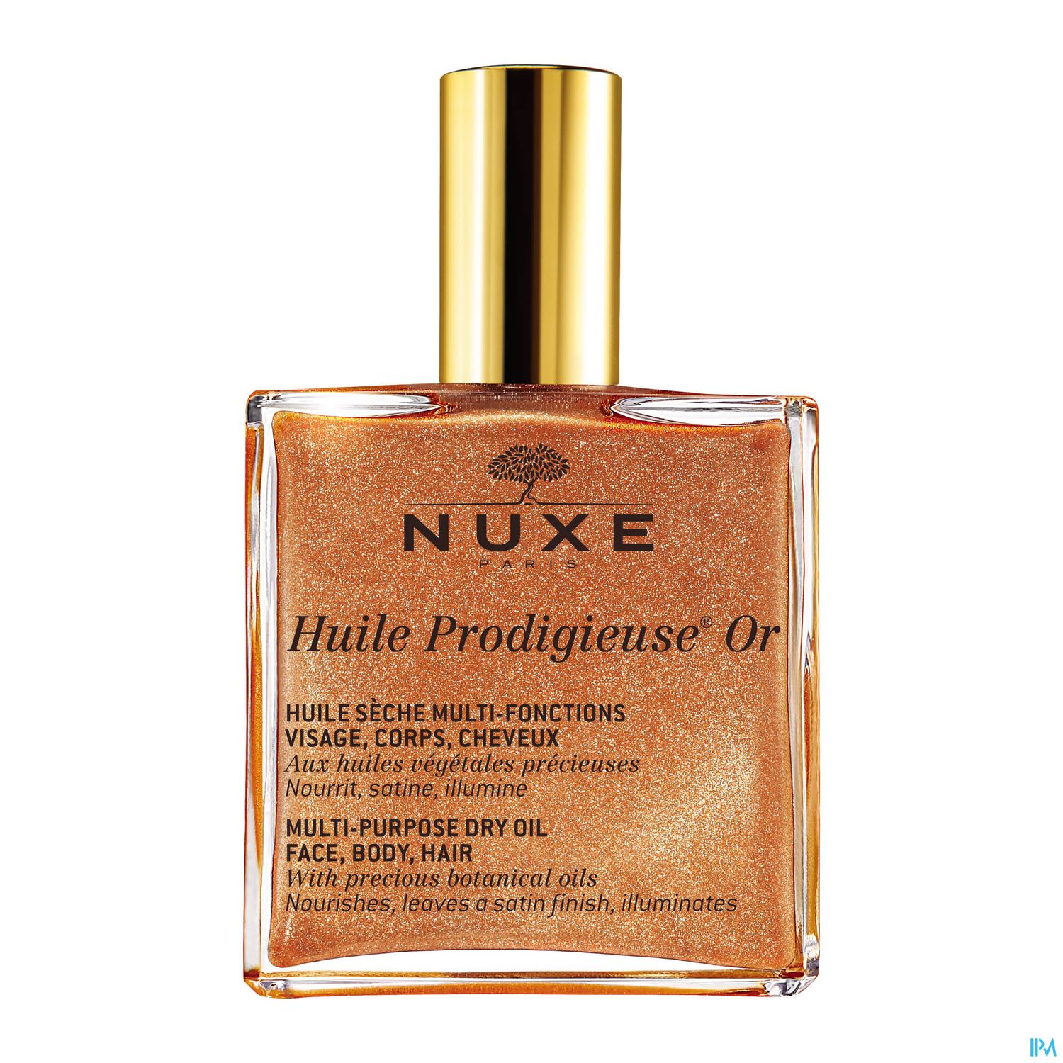 Flasche mit goldfarbenem Öl von NUXE, beschriftet mit "Huile Prodigieuse Or", für Gesicht, Körper und Haare.