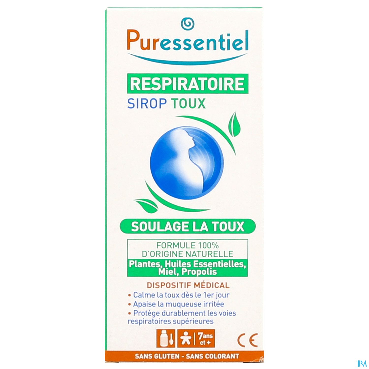 Produktverpackung für Puressentiel Respiratoire Sirop Toux, ein Hustenmittel aus natürlichen Zutaten.