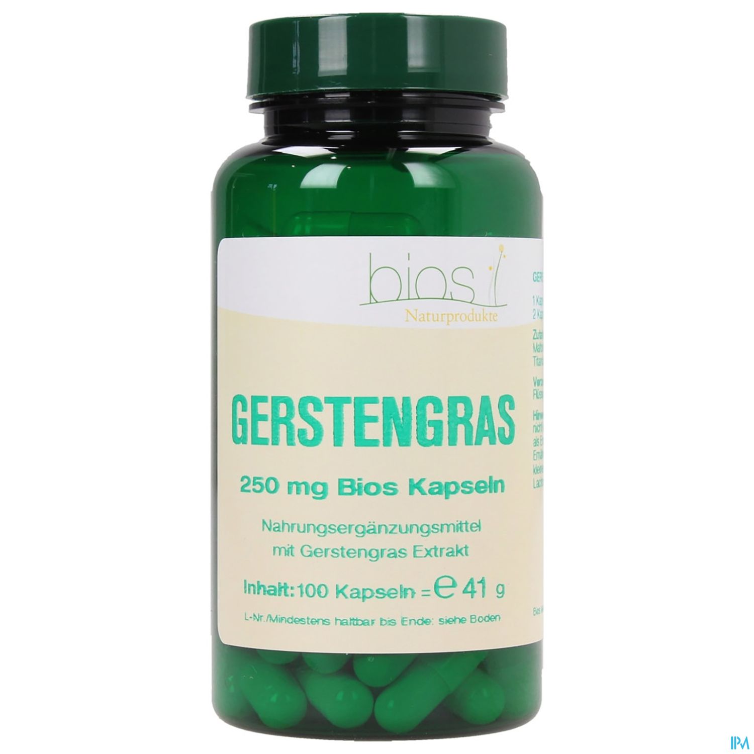 Grüne Kapseln in einer transparenten Flasche mit der Aufschrift "Gerstengras 250 mg Bios Kapseln, Nahrungsergänzungsmittel, Inhalt: 100 Kapseln".