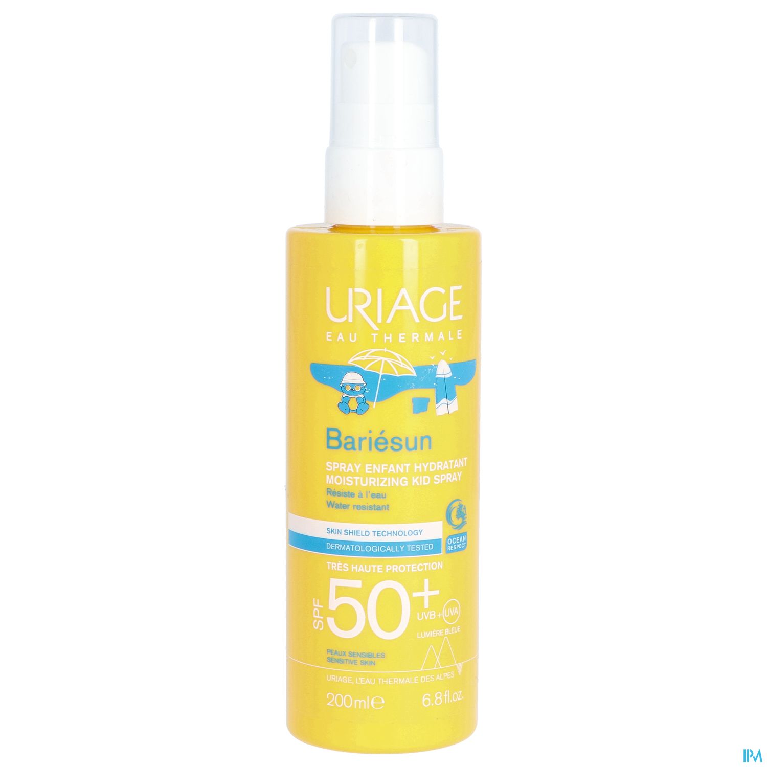 Flasche mit Uriage Barisésun Spray für Kinder, mit gelbem Etikett und SPF 50+.