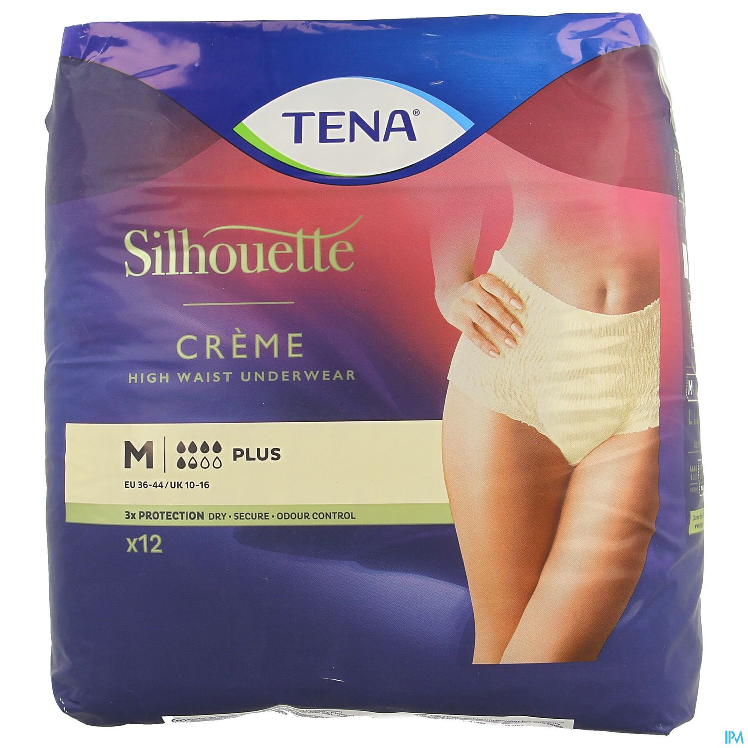 Packung mit TENA Silhouette Creme Hochbundunterwäsche für Damen, Größe M, Inhalt: 12 Stück.