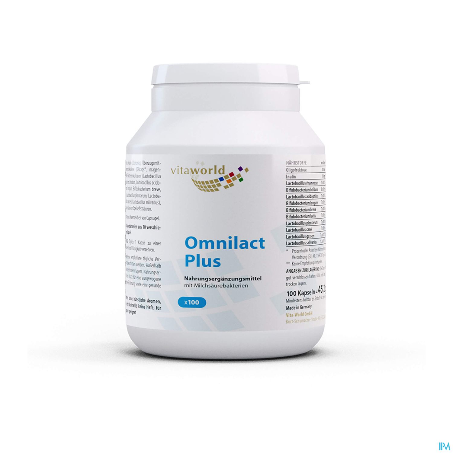 Weißes Kunststoffgefäß mit dem Aufdruck "Omnilact Plus" und Informationen zum Nahrungsergänzungsmittel.