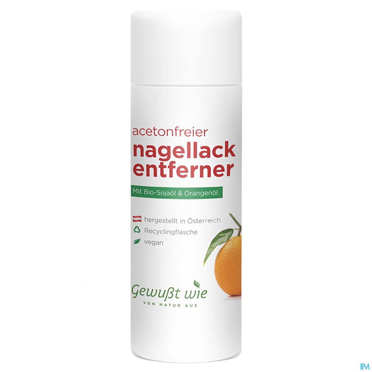 Weiße Flasche mit rotem Schriftzug "acetonfreier Nagellackentferner" und einer Orangenscheibe, enthält Bio-Soja und Orangenöl.