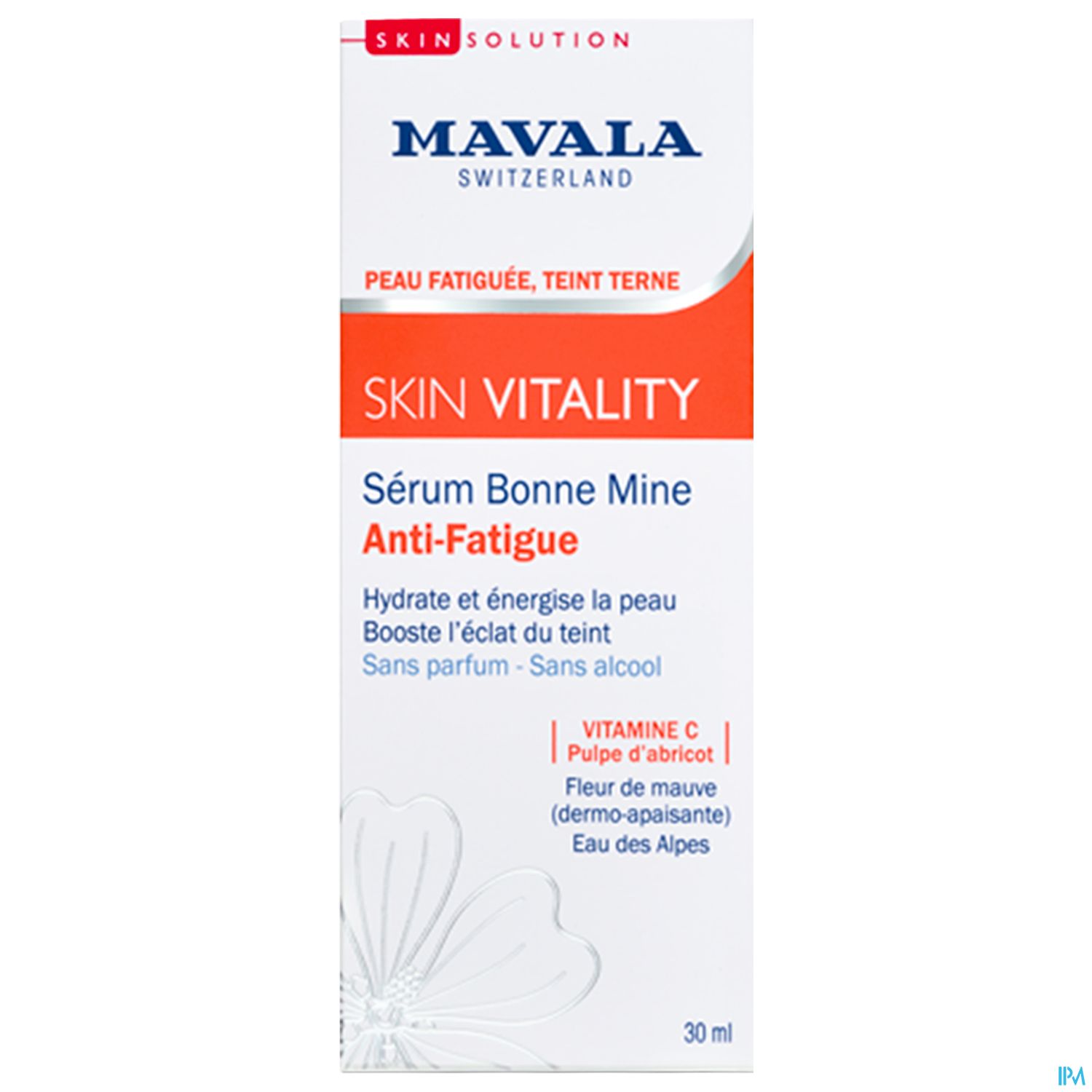 Produktverpackung des Mavala Skin Vitality Sérum Bonne Mine Anti-Fatigue, 30 ml, mit Angaben zu Inhaltsstoffen wie Vitamin C und Aprikosenpüree.