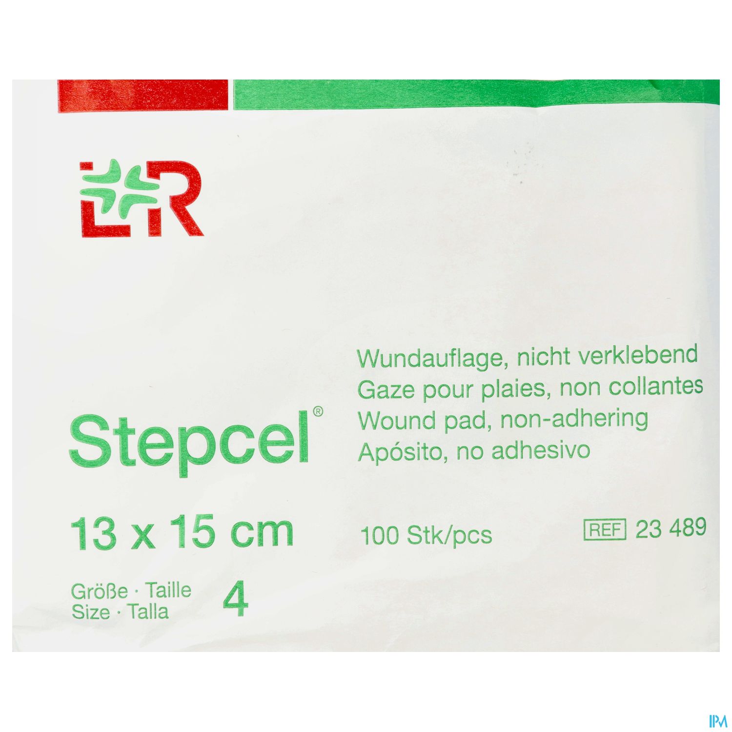 Verpackung einer nicht verklebenden Wundauflage "Stepcel", 13 x 15 cm, mit Hinweis auf 100 Stück pro Packung.