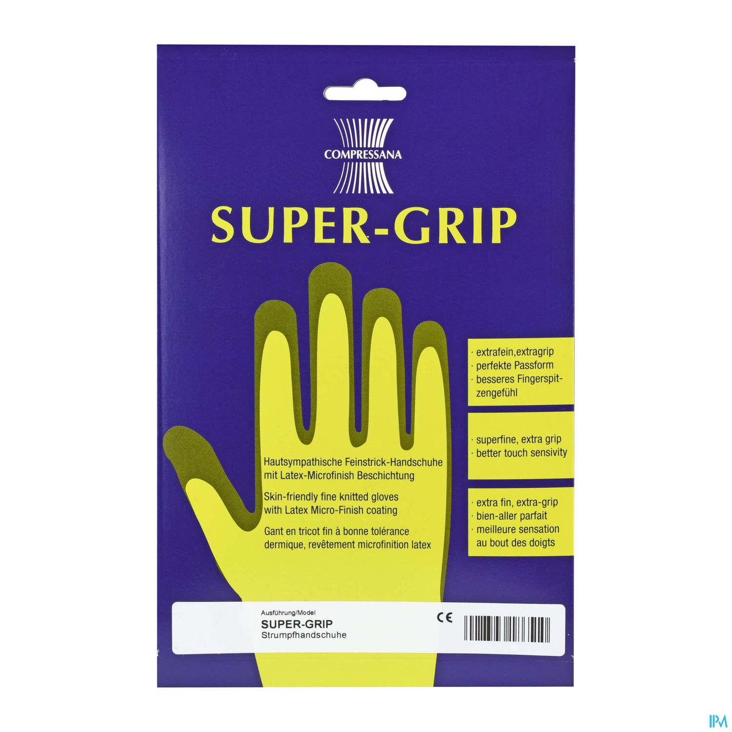 Verpackung von Kompressionshandschuhen "SUPER-GRIP" mit Beschreibung und Anwendungshinweisen.