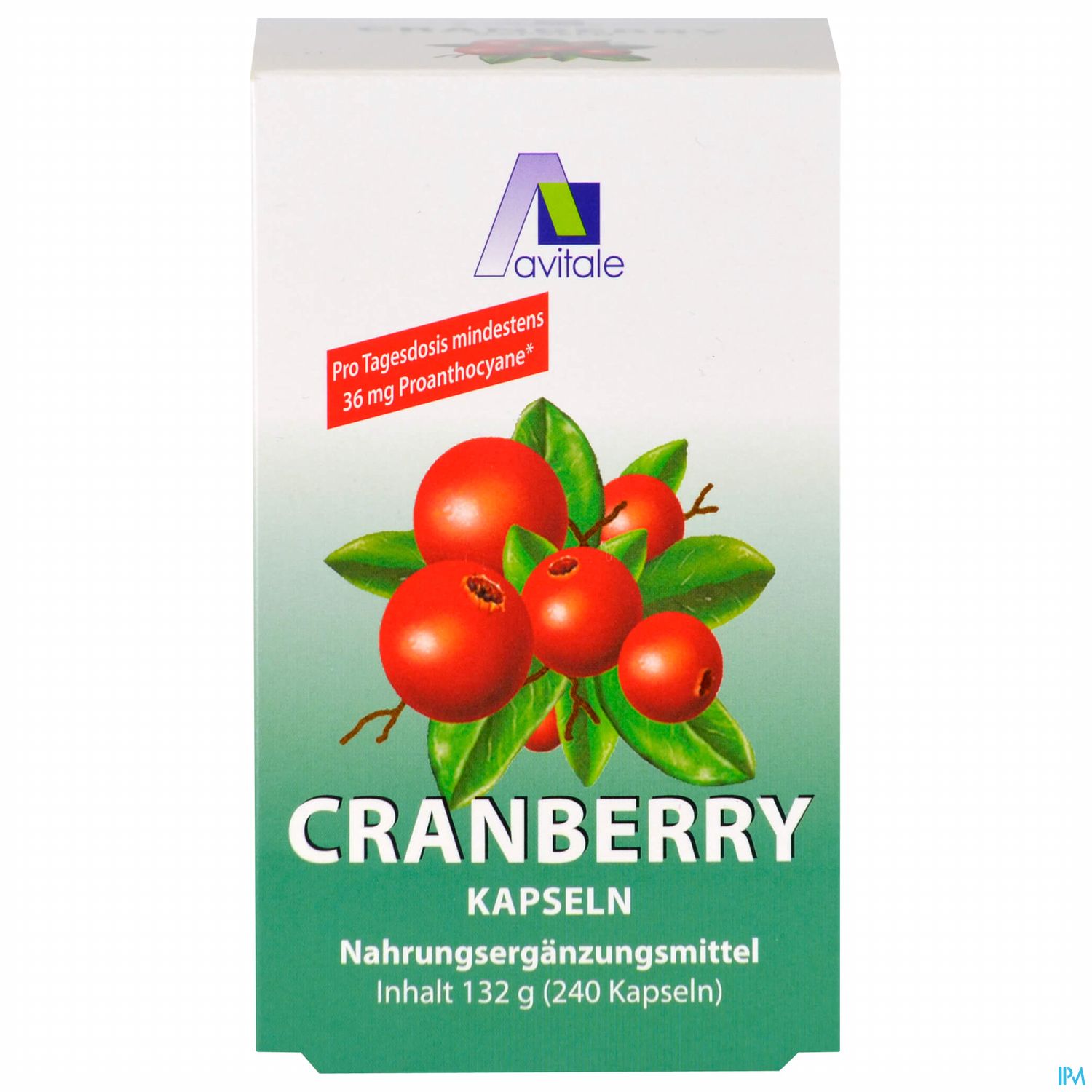 Verpackung einer Cranberry Nahrungsergänzung in Kapseln, 240 Kapseln, mit Hinweis auf Proanthocyanidine.