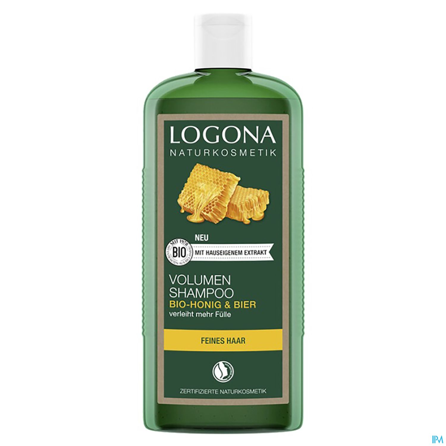 Flasche Logona Volumen Shampoo mit Bio-Honig und Bier für feines Haar.