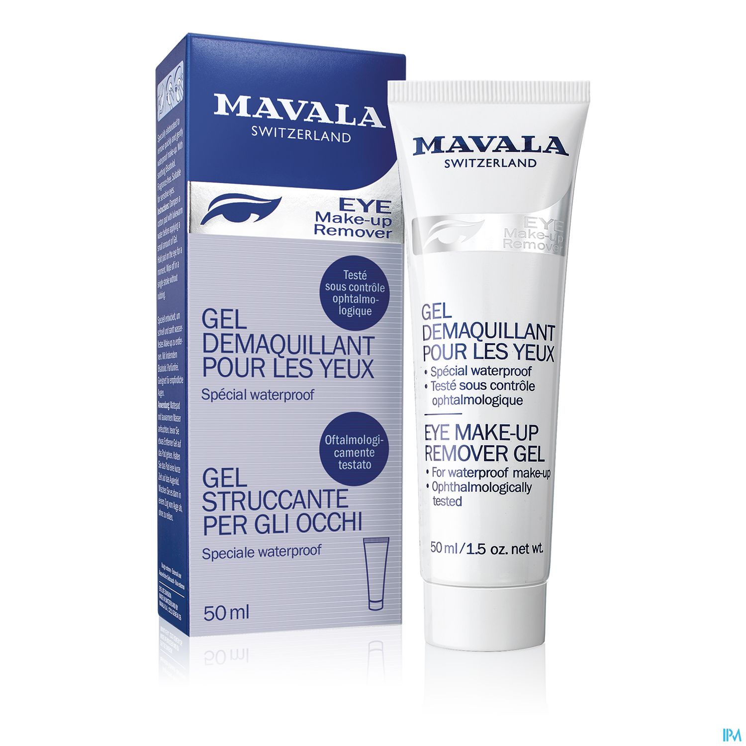 Augen-Make-up-Entferner-Gel von Mavala in einer 50 ml Tube mit blauer Verpackung.