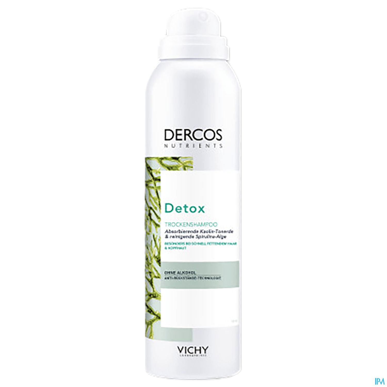 Sprühflasche mit VICHY Dercos Detox Trockenshampoo, Weiß mit grünem Label und Aufschrift „Detox“.