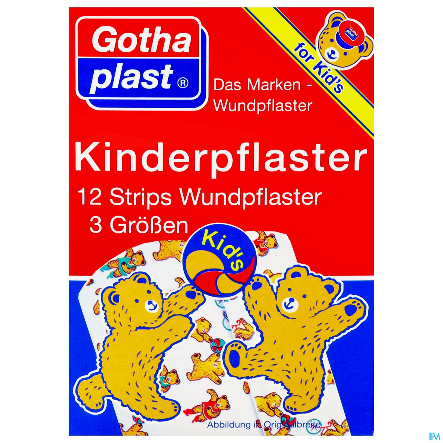 Packung mit Kinderpflastern von Gothaplast, enthält 12 Wundpflaster in drei Größen, dekoriert mit lustigen Bärchenmotiven.