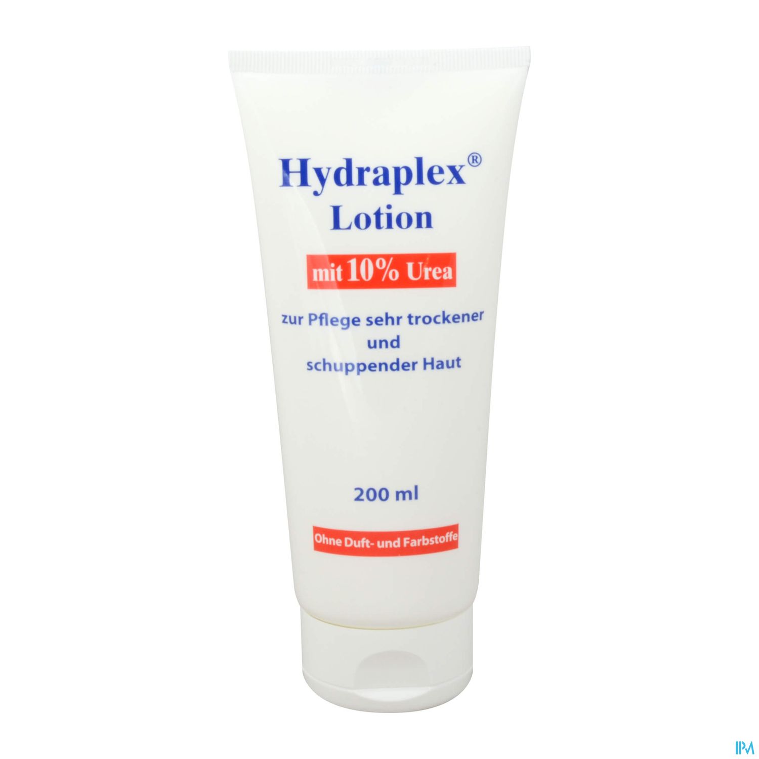 Tube mit Hydraplex Lotion, 200 ml, mit 10% Urea zur Pflege sehr trockener und schuppender Haut. Verpackung in Weiß mit blauer Schrift.