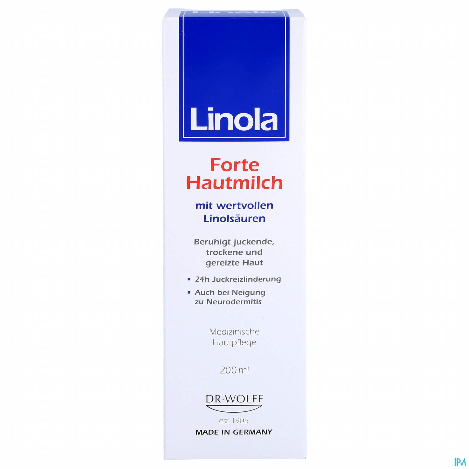 Produktverpackung von Linola Forte Hautmilch mit Informationen zur Anwendung und Inhaltsstoffen.
