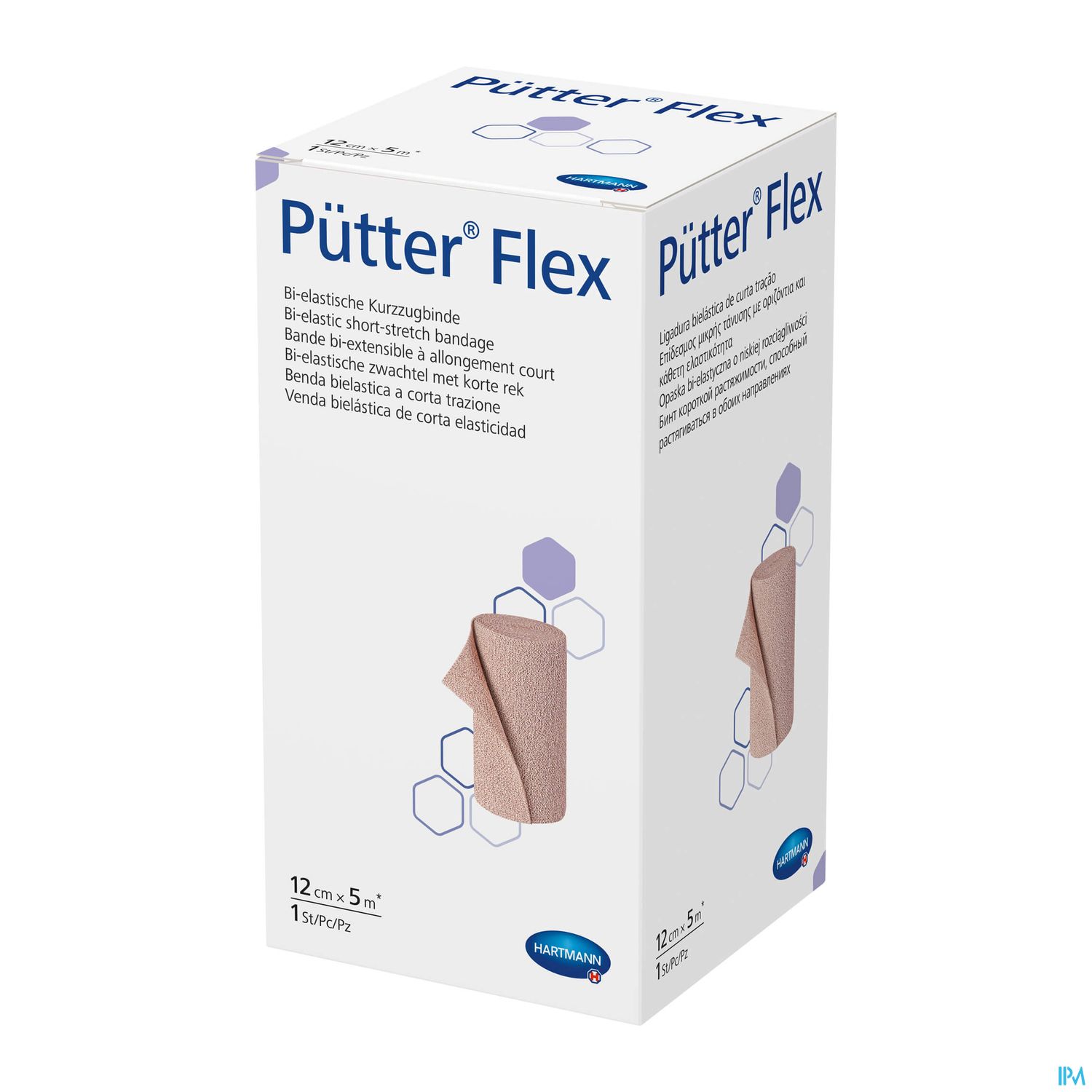 Verpackung der Pütter® Flex Bandage, 12 cm x 5 m, mit Abbildung der Bandage auf einem weißen Hintergrund.
