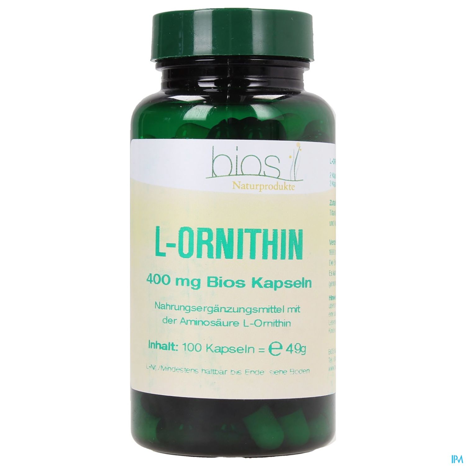 Grünes Fläschchen mit Kapseln, beschriftet mit "L-Ornithin 400 mg Bios Kapseln", enthält 100 Kapseln.